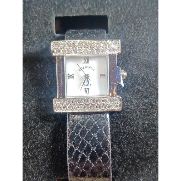 Adrienne Accessories - Adrienne Club A Mother Of Pearl White Rhinestone Silvertone Black Band With Box